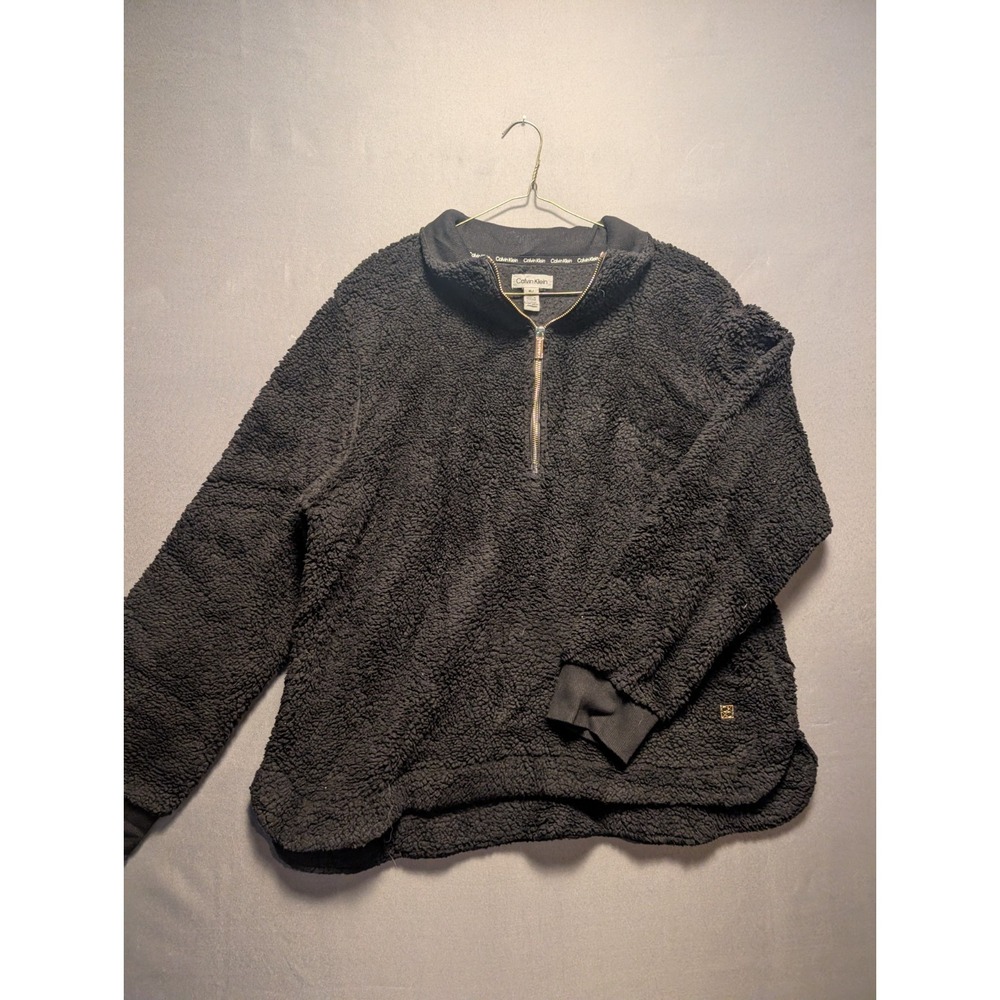 Calvin Klein Quarter Zip Fuzzy Sherpa Fleece Jacket Womens XL Black Winter